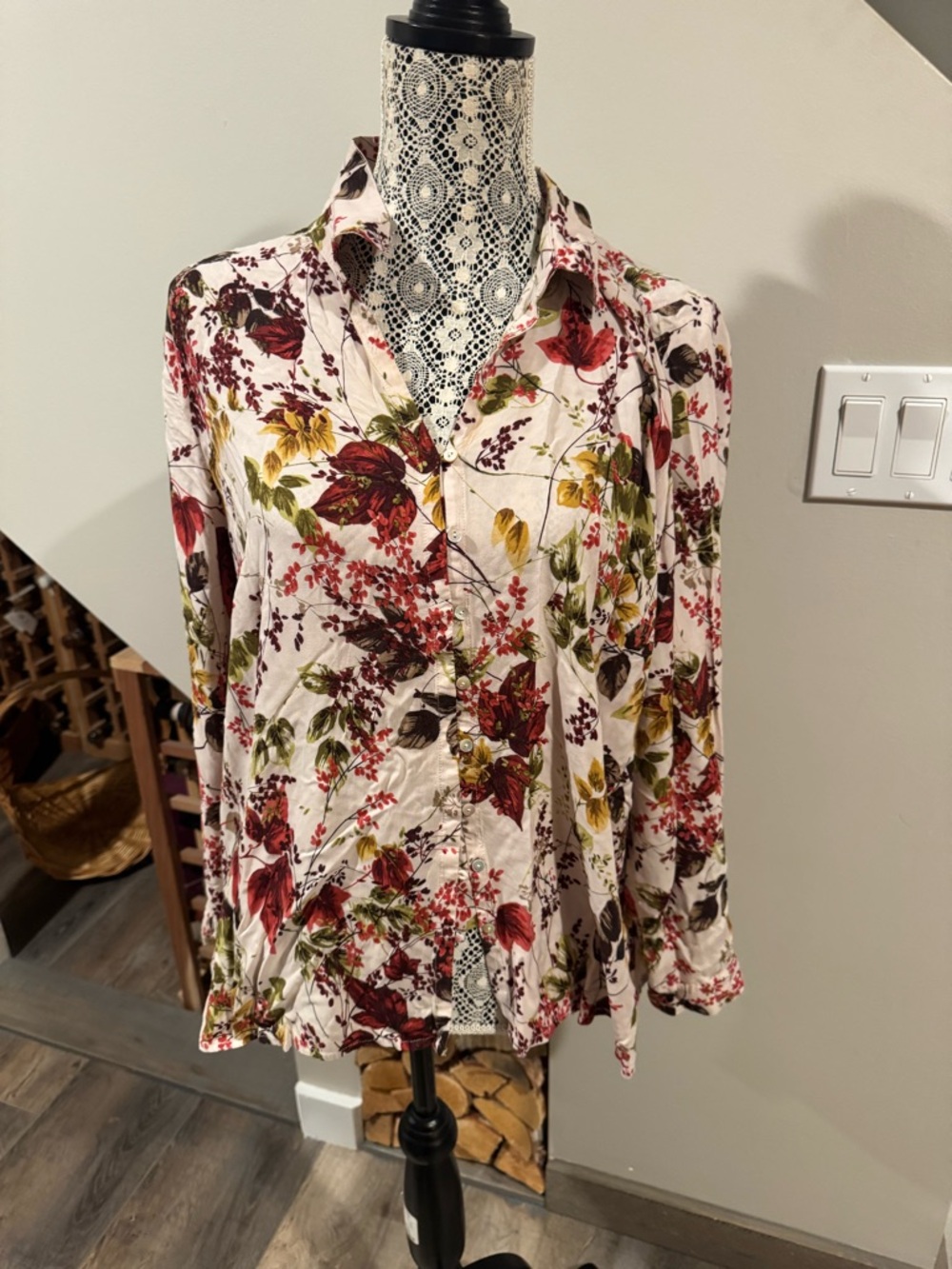 J. Jill Cream Button-Down Blouse with Red & Green Floral Print